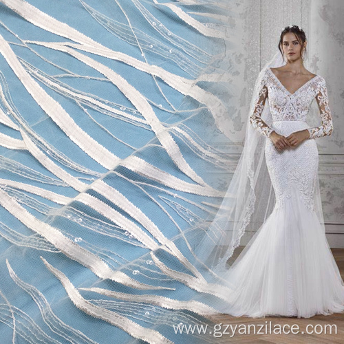 Off White Stripe Clear Seuqin Tulle Lace Fabric